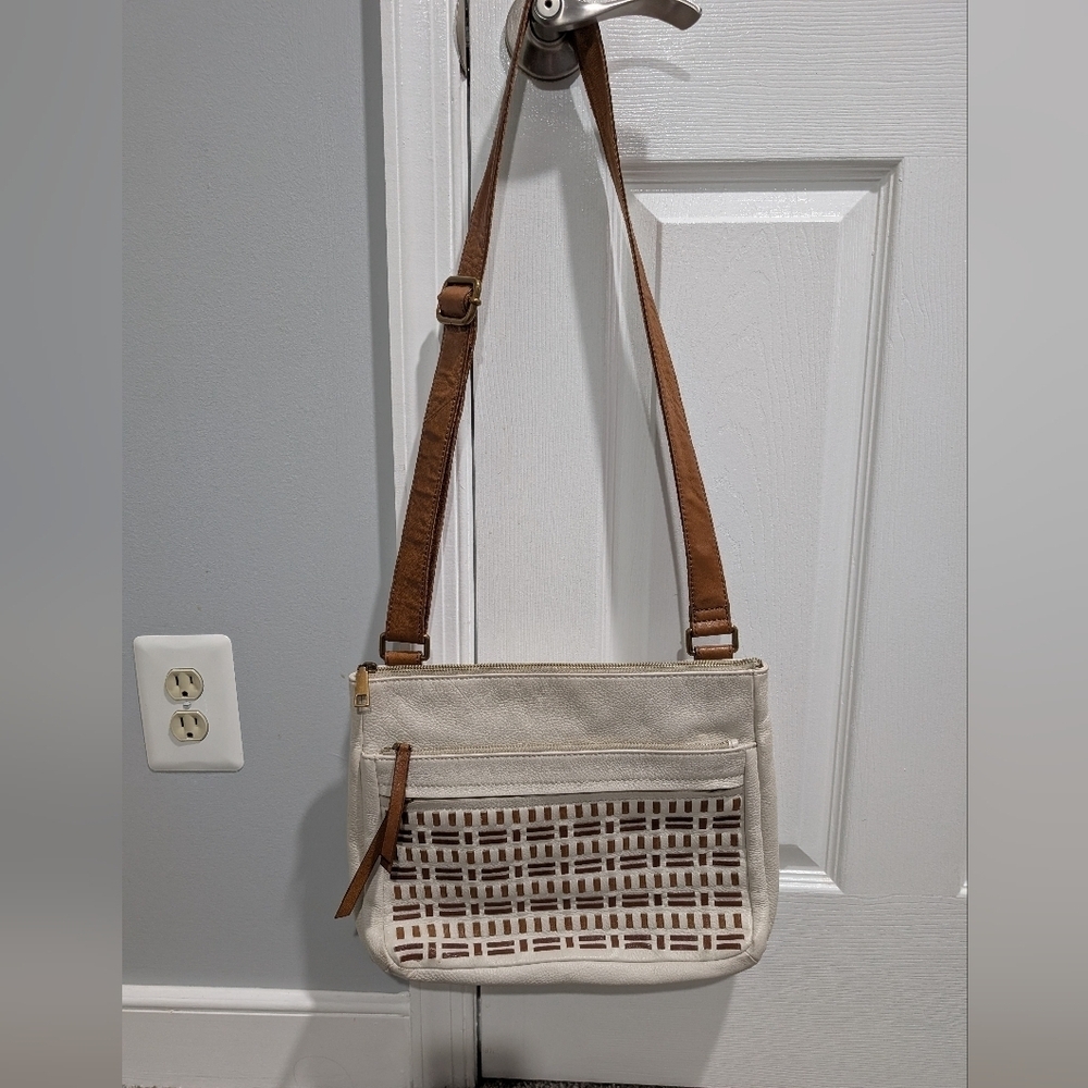 Fossil Corey Cream, Tan & Brown Cross Stitch Large Crossbody Bag